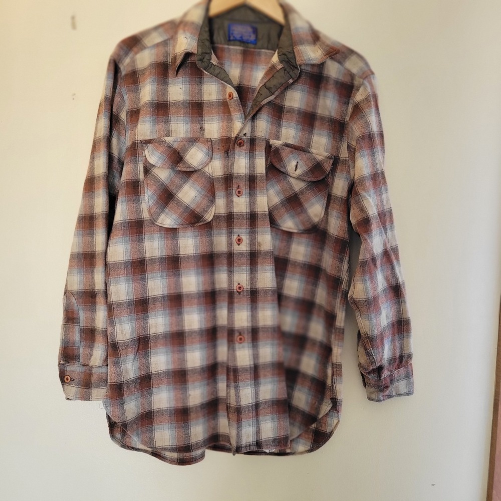 Vintage Pendleton Shirt Mens Xl Brown Tan Plaid Wool Flannel Made USA